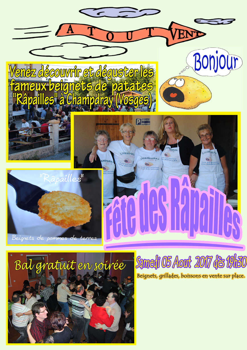 'Rapailles' Fêtes des beignets de pommes de terre samedi 5 aout 2017 à 88640 Champdray Vosges avec Soirée dansante gratuite
